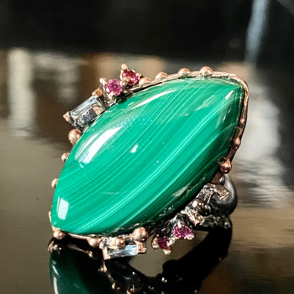 Gorgeous Genuine Malachite Ring With Gems